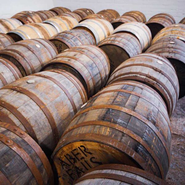 Barrels of Aber Falls Gin in their Distillery