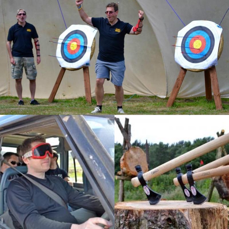 Images of a man celebrating his Archery, a man Blindfold Driving and Axes in a stump all on a Gift Experience Day