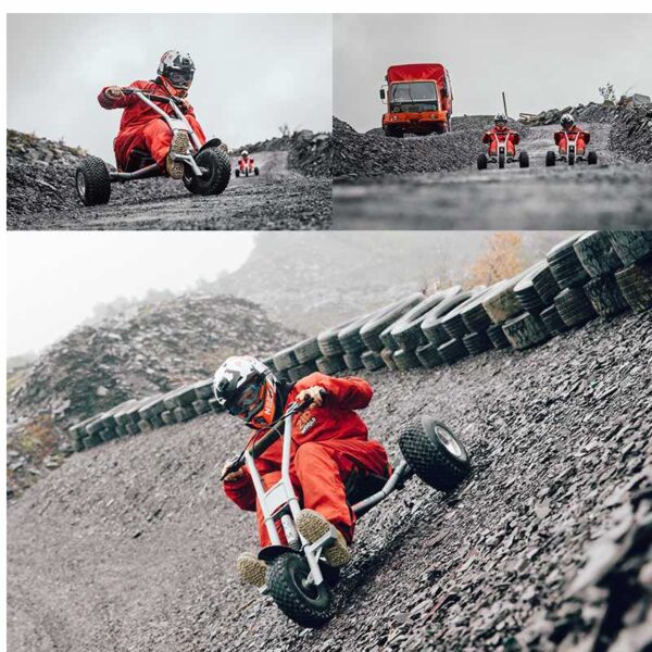 Various images of people Quarry Karting down the track dressed in red overalls