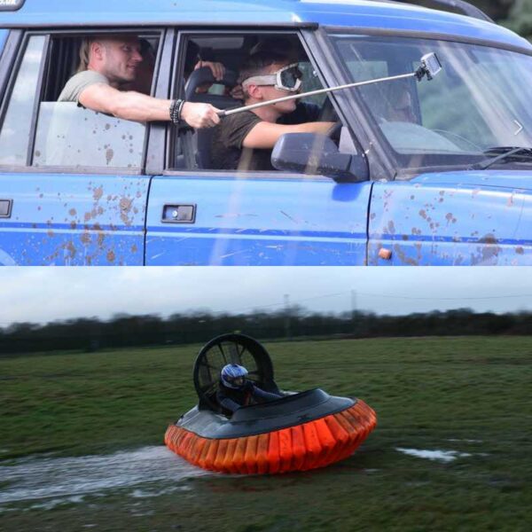 A man sliding across a field in a Hovercraft and a group Blindfold Driving in a car for a Reading Combo activity day